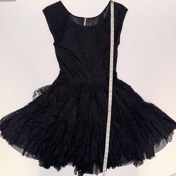 Free People Sheer Lace Mini Dress Black Tiered Flowy Ruffles Whimsigoth sz S - Picture 11 of 15